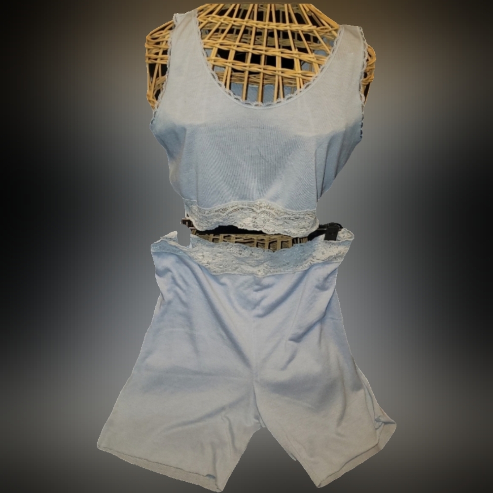 Vtg 80s 90s VS blue lace trim thin nightgown material cropped sexy short set L